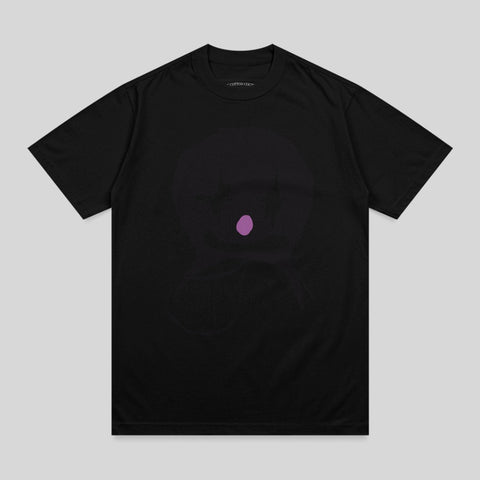 Black t-shirt with a faint purple circular graphic and outline of a head.