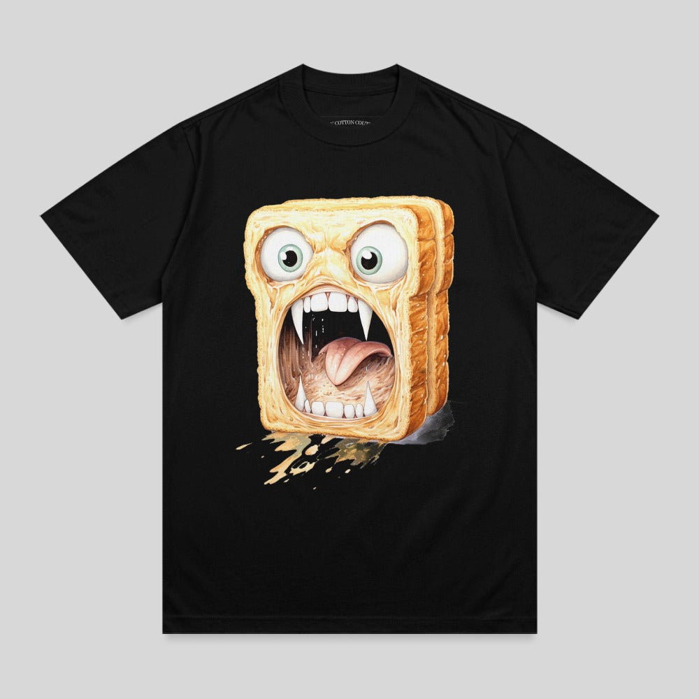 Black t-shirt featuring a cartoon slice of toast with a monstrous, screaming face.
