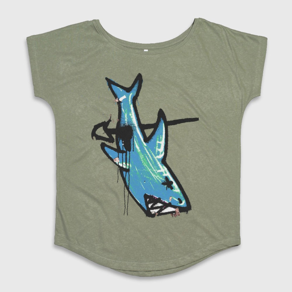 Shark Graphic Design on Olive Green T-shirt