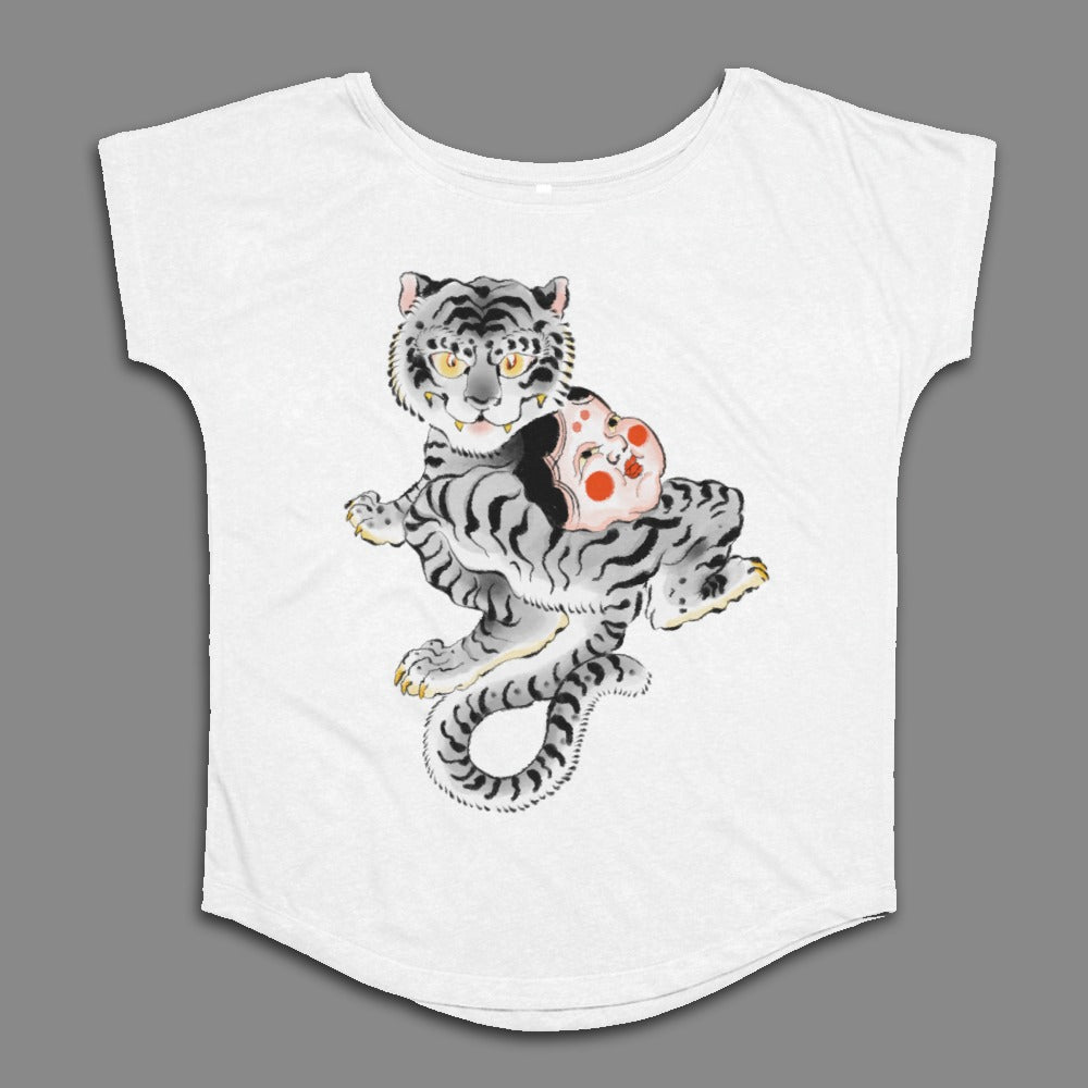 White Shirt with Graphic Tiger Holding Red Mask Design