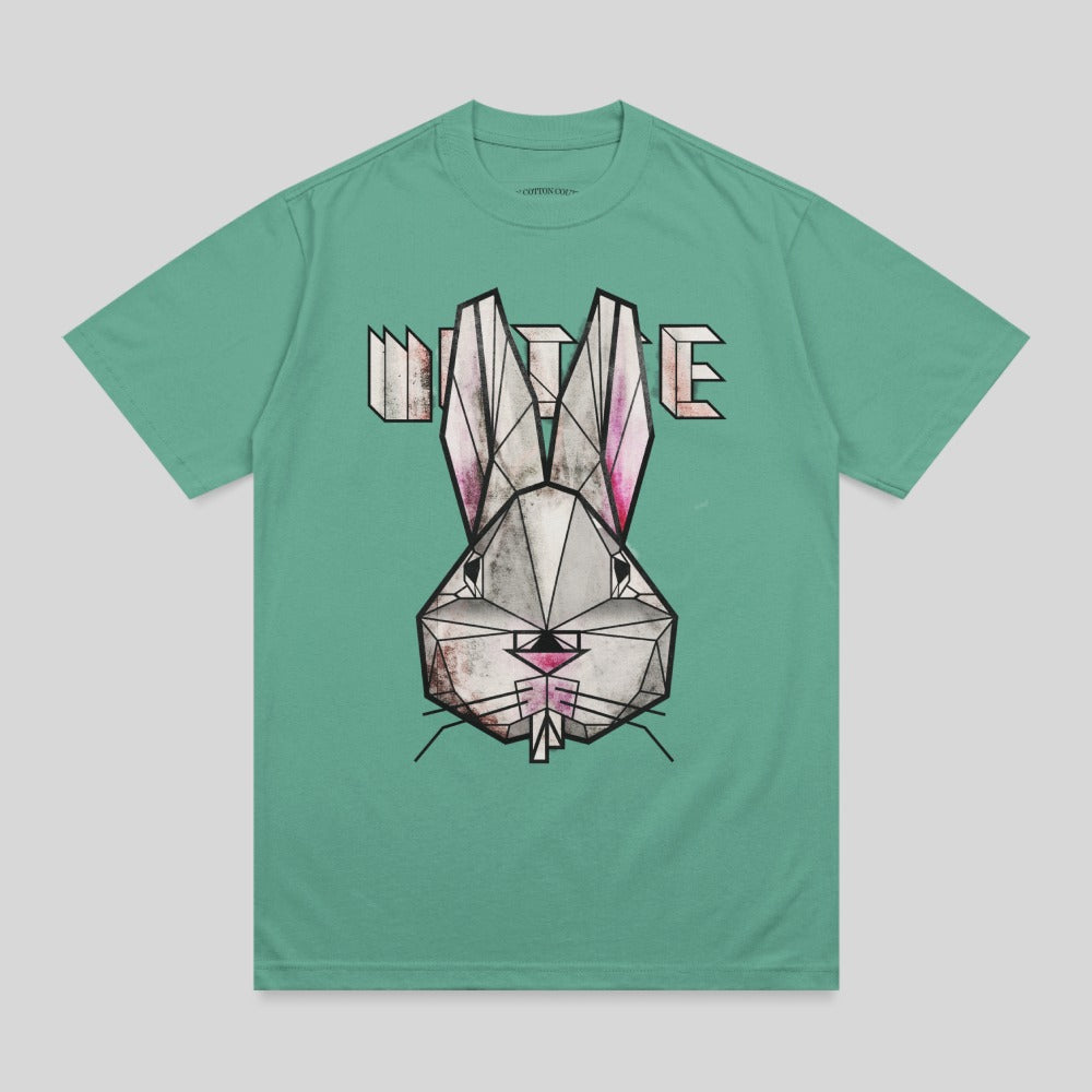 Geometric rabbit face graphic on a green t-shirt.