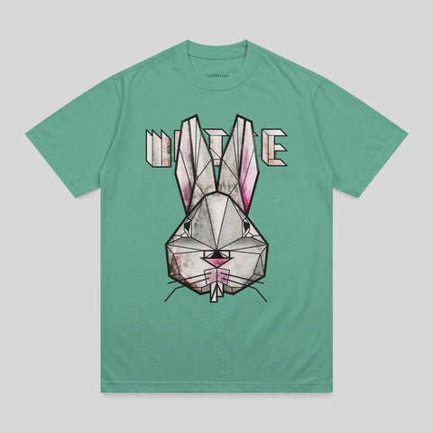 Geometric rabbit face graphic on a green t-shirt.