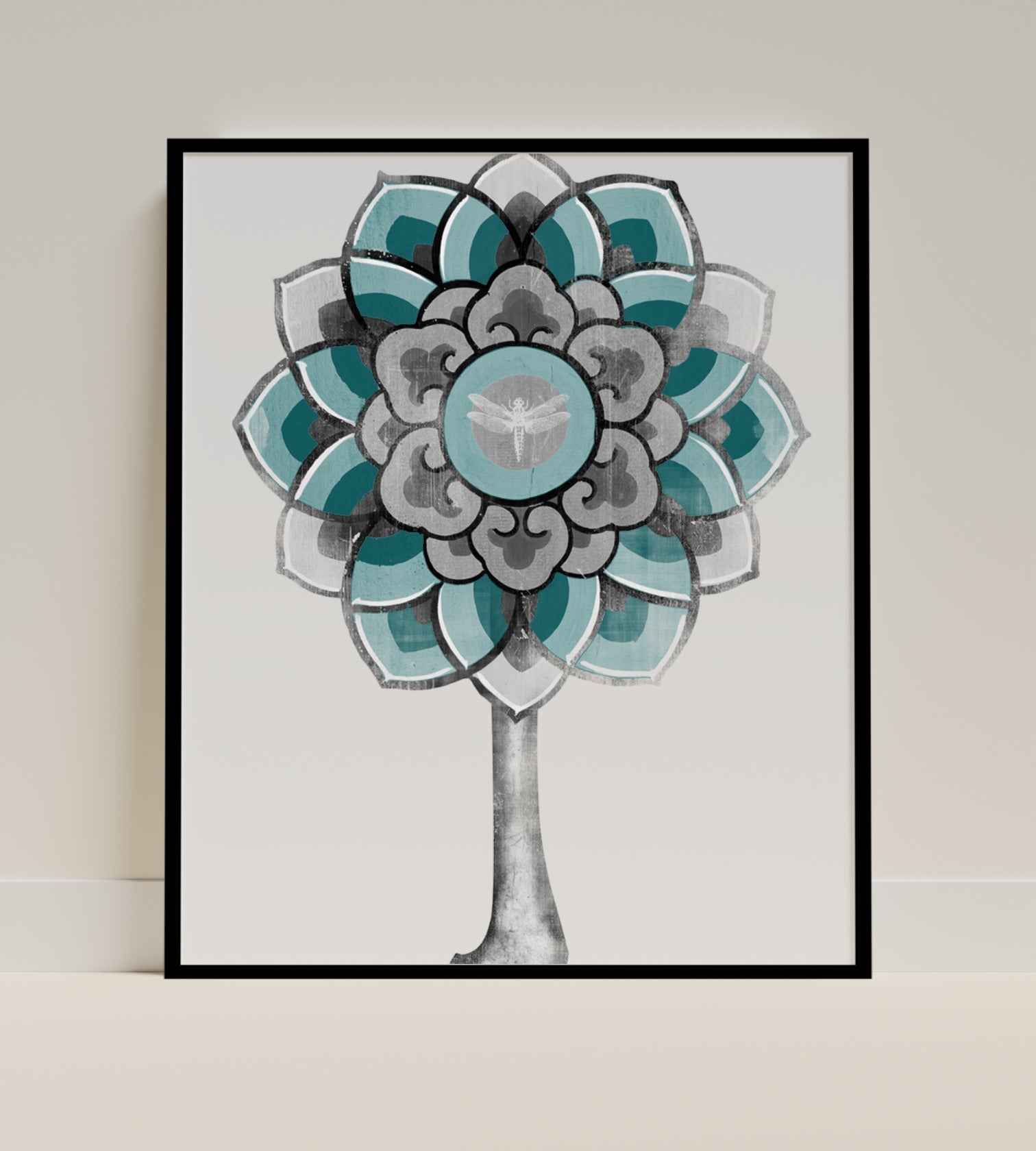 Intricate Blue and Gray Floral Tree Artwork Print