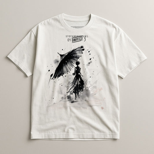 Unique Hand-Painted Bird Design White T-Shirt