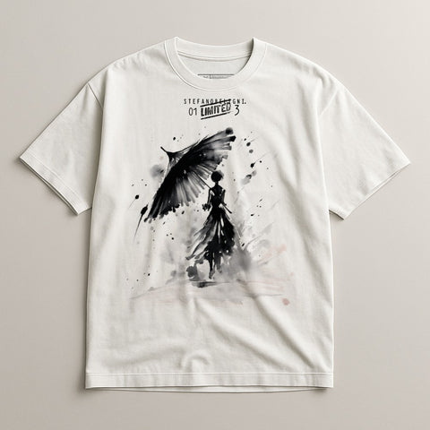 Unique Hand-Painted Bird Design White T-Shirt