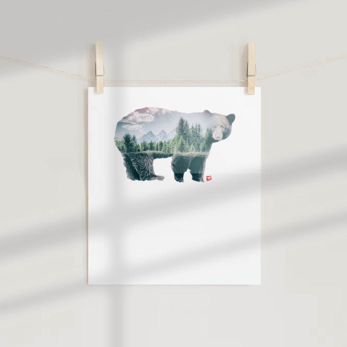Double Exposure Bear Artwork with Forest Landscapeposter
