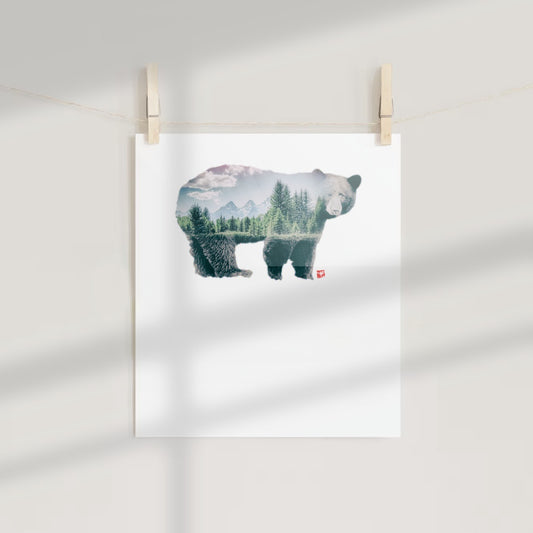 Double Exposure Bear Artwork with Forest Landscapeposter