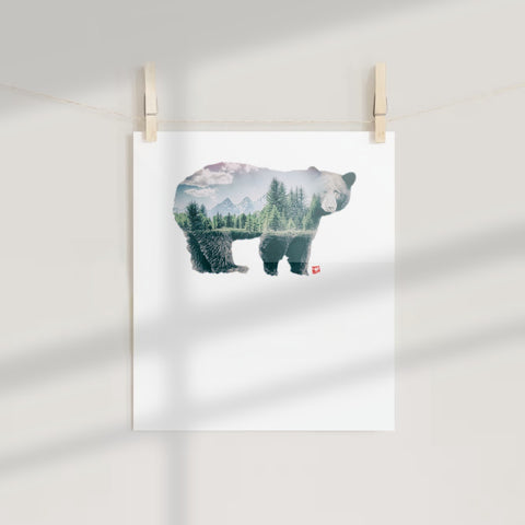 Double Exposure Bear Artwork with Forest Landscapeposter