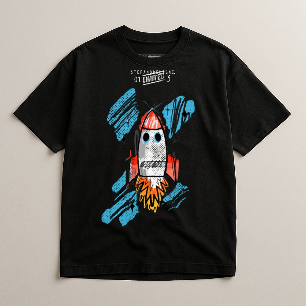 Rocket Illustration Black T-Shirt Graphic Apparel