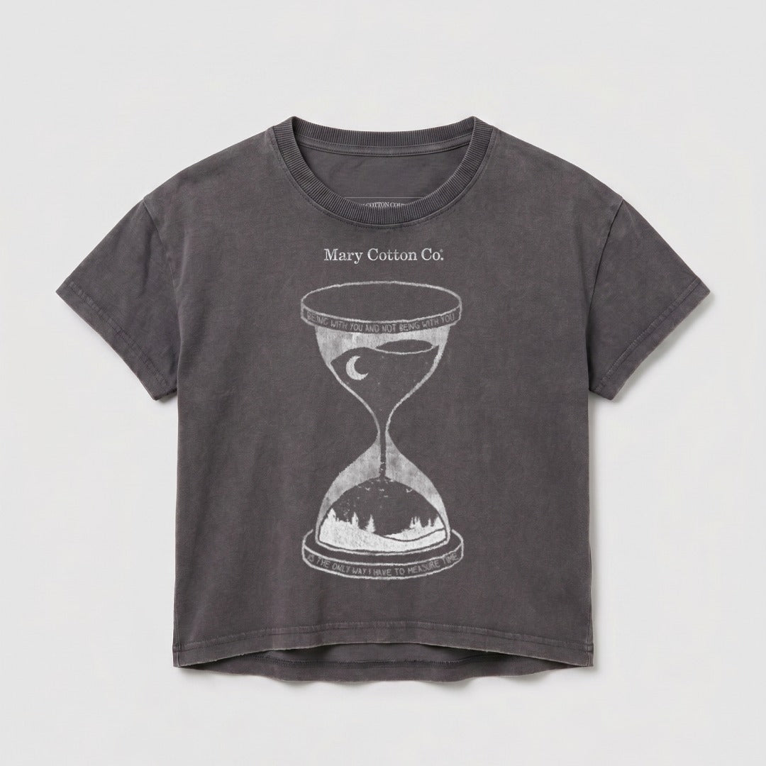 Dark grey cropped t-shirt with hourglass graphic and text.