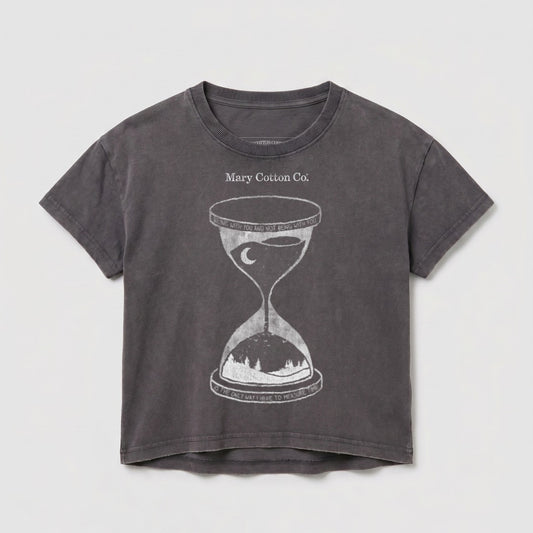 Dark grey cropped t-shirt with hourglass graphic and text.