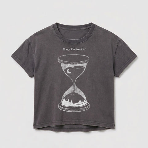 Dark grey cropped t-shirt with hourglass graphic and text.