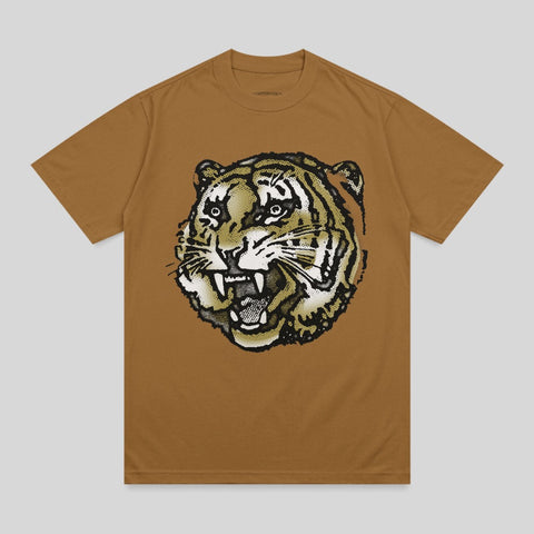 Brown t-shirt with a distressed graphic of a roaring tiger's head.