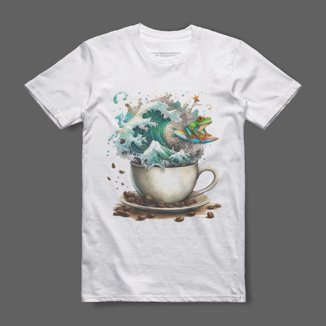 Surreal Coffee Cup with Wave and Frog Graphic T-shirt