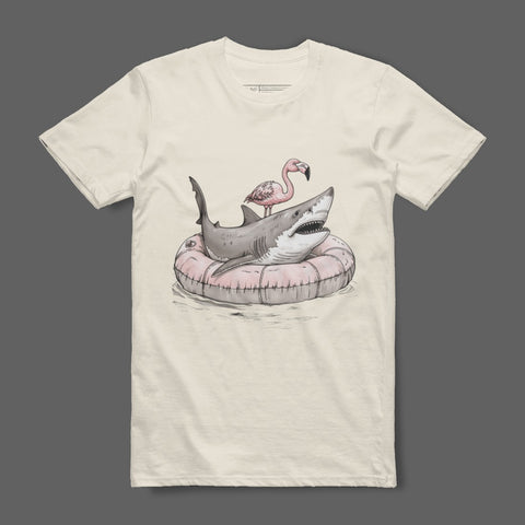 Flamingo Riding Shark Graphic Tee Shirt