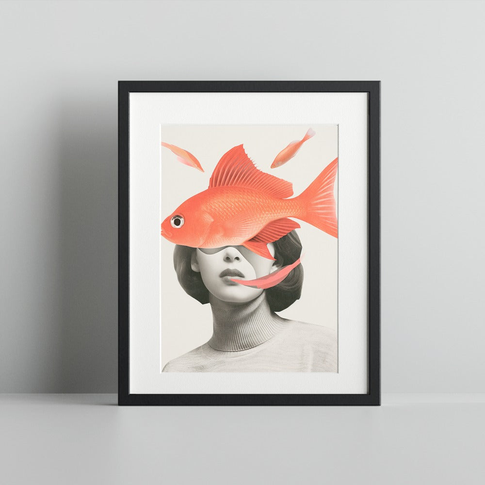 Surrealist Artwork Featuring Woman and Fish Print