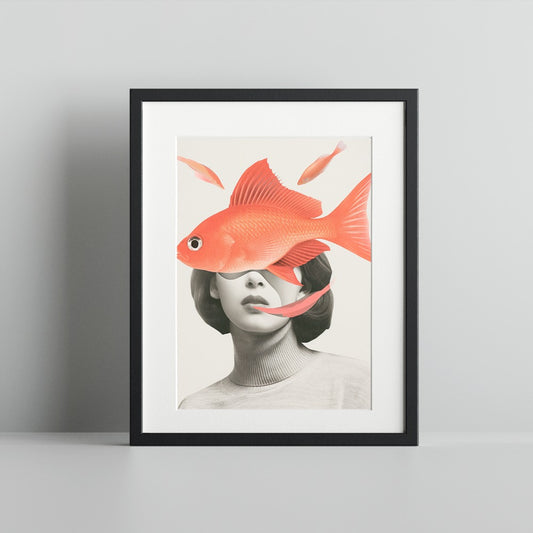 Surrealist Artwork Featuring Woman and Fish Print