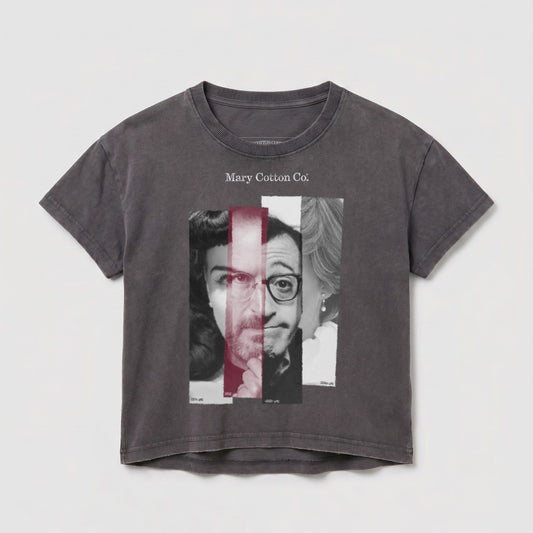 Dark grey t-shirt with fragmented portraits of men and women.