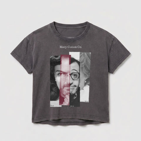 Dark grey t-shirt with fragmented portraits of men and women.