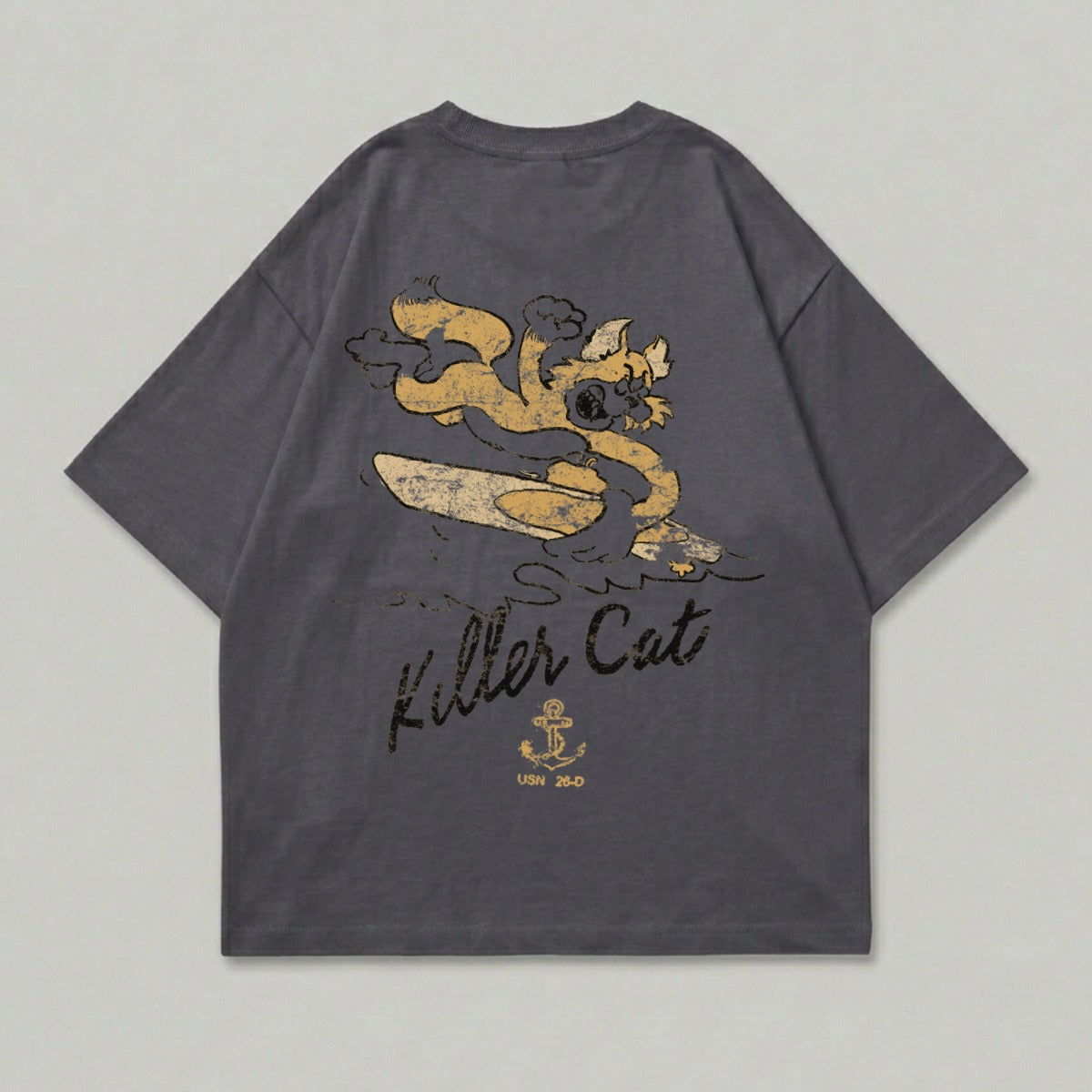 Grey t-shirt with "Killer Cat" and anchor graphic.
