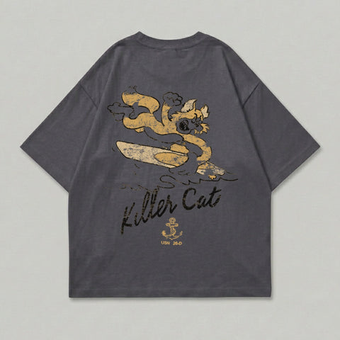 Grey t-shirt with "Killer Cat" and anchor graphic.