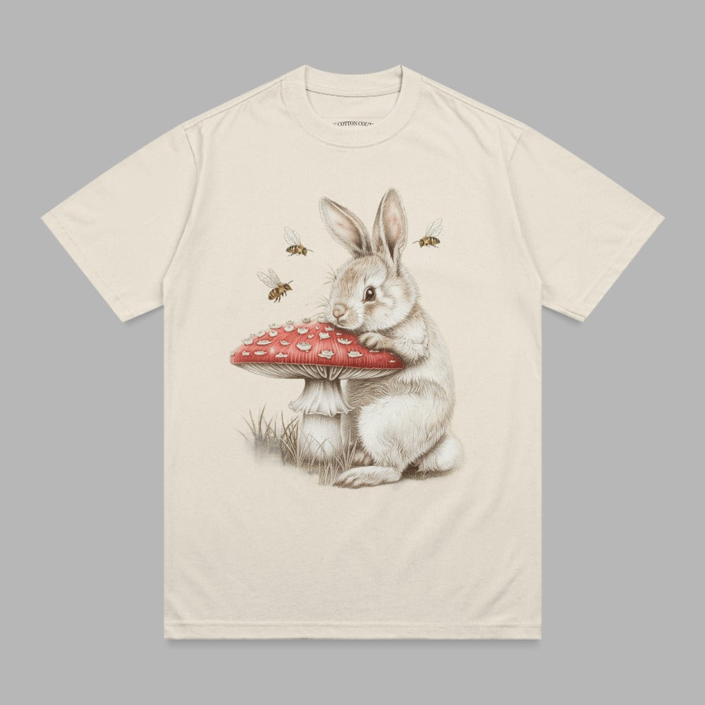 White rabbit red mushroom three bees whimsical nature graphic product type