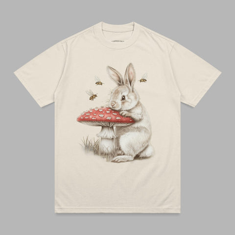 White rabbit red mushroom three bees whimsical nature graphic product type