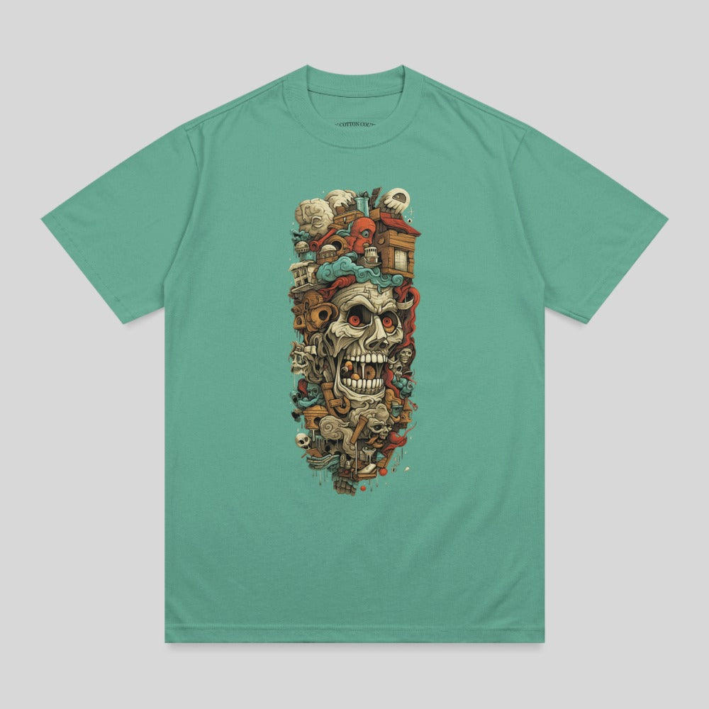 Chaotic Screaming Skull Octopus Buildings Design Art T-shirt