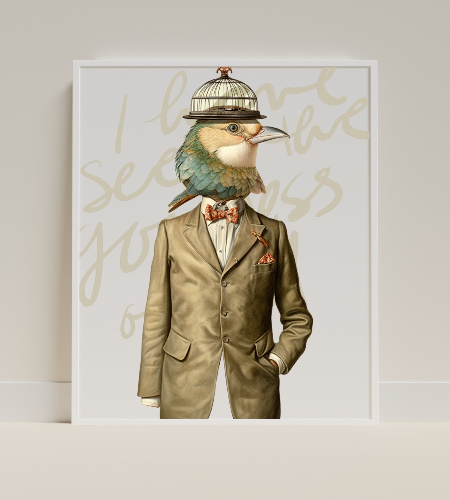 Bird with Suit and Birdcage Hat Standing Art Print