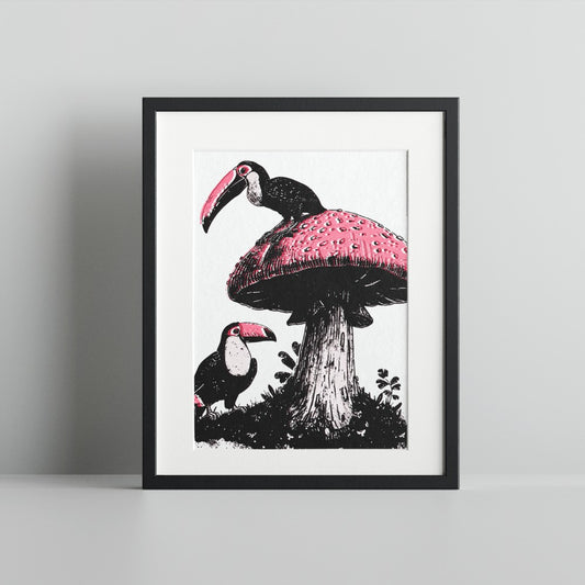 Vibrant Toucans on Mushroom Framed Art Print