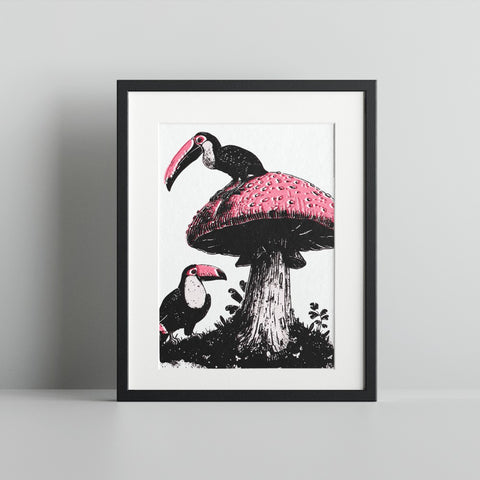Vibrant Toucans on Mushroom Framed Art Print